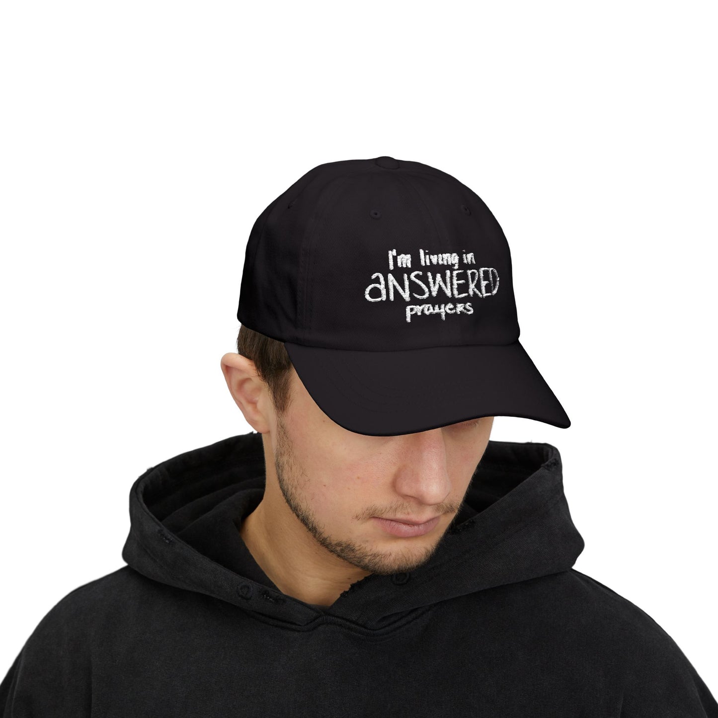 I'm Living in Answered Prayers Dad Cap | Embroidered Scripture Baseball Hat
